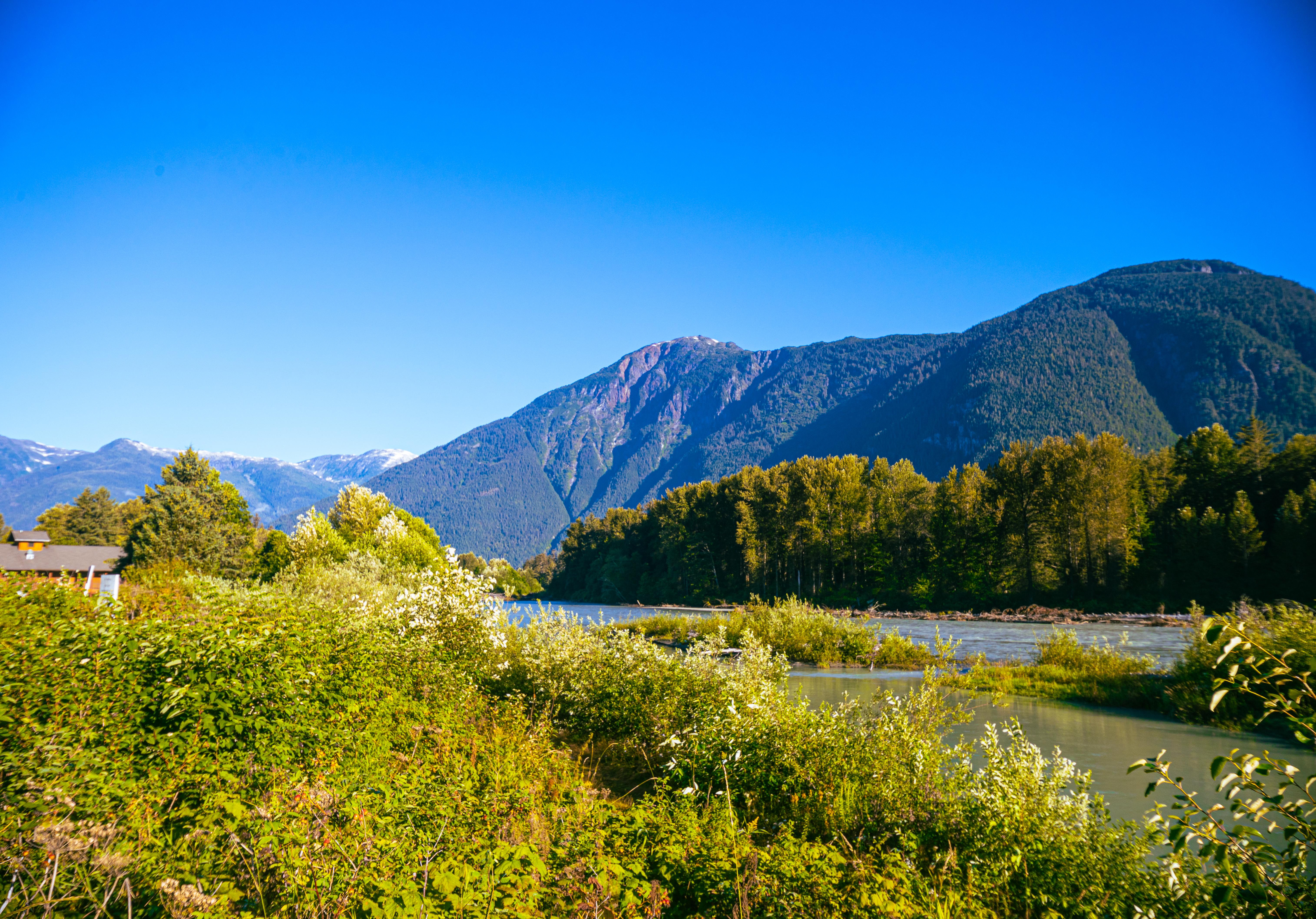 Landscape of Bella Coola with mountains in background.