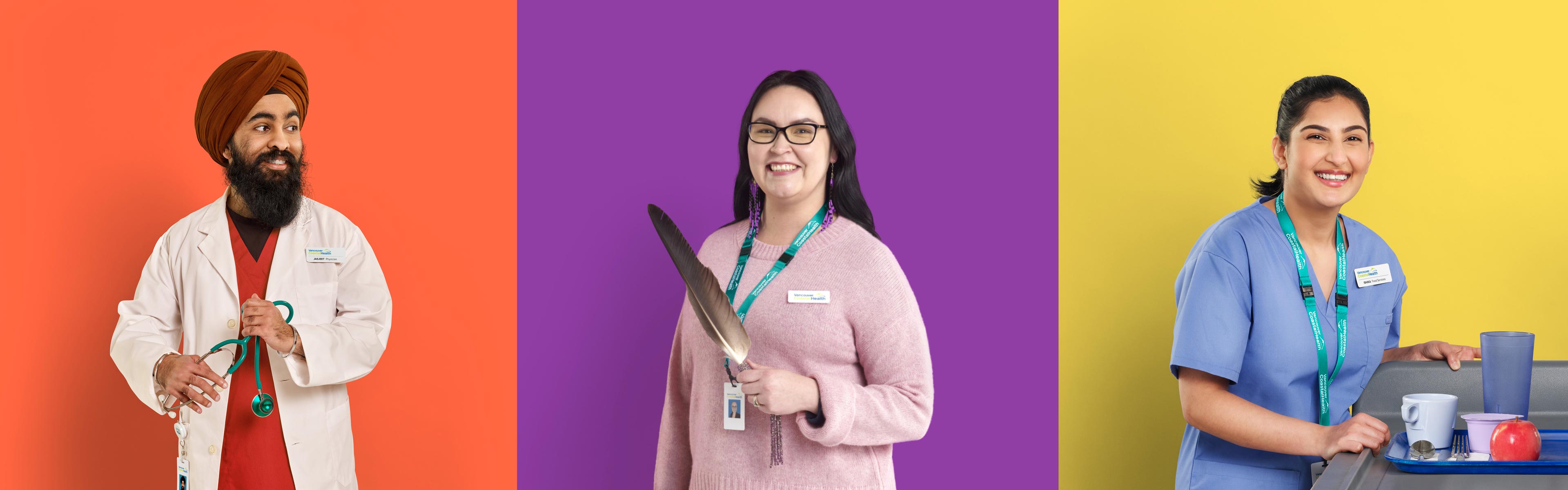 Photo of three VCH employees against different coloured backgrounds.