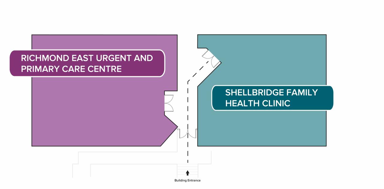 Map showing entrance of Shellbridge clinic to the right on building entrance