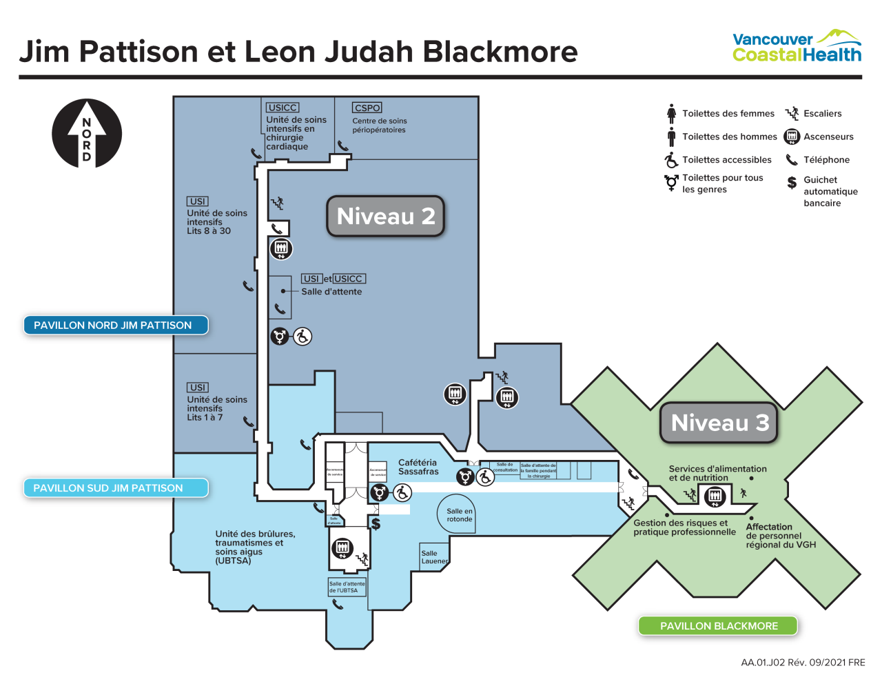 Map of the first floor of the Jim Pattison & Leon Judah Blackmore pavilions at Vancouver General Hospital in French