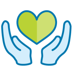 Icon of two blue hands holding a green heart  