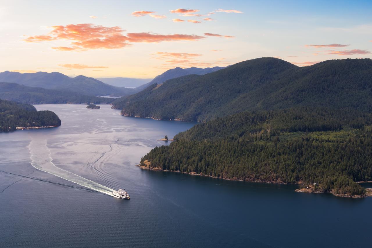 Aerial view of the Ferry traveling between the islands