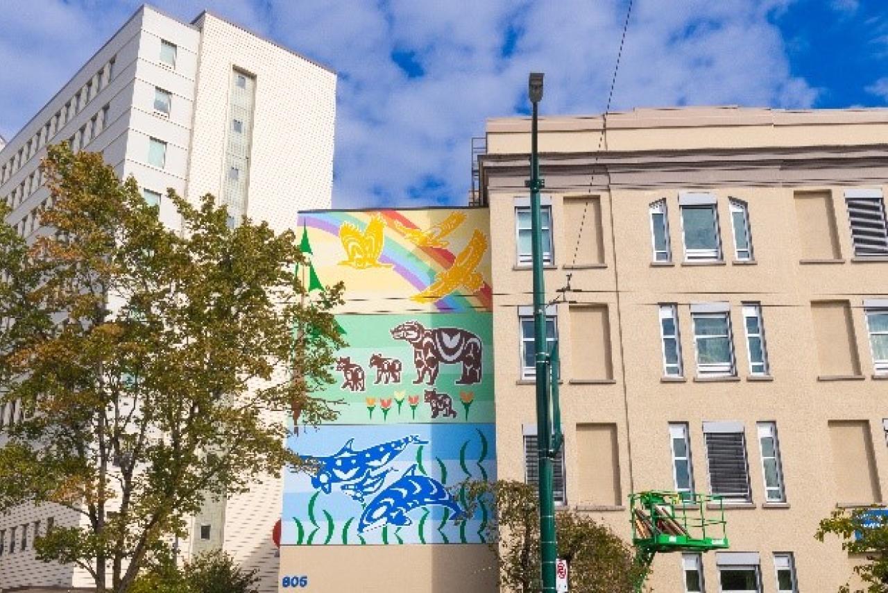 Mural at Willow Pavilion painted by artist Olivia George, a member of the Tsleil-Waututh Nation.