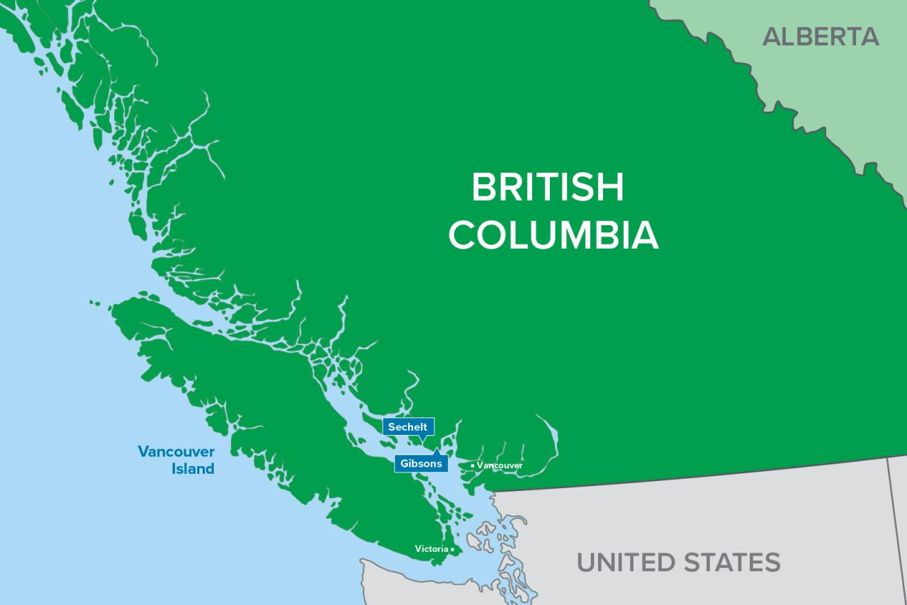 Map of British Columbia showing location of Sechelt and Gibsons.