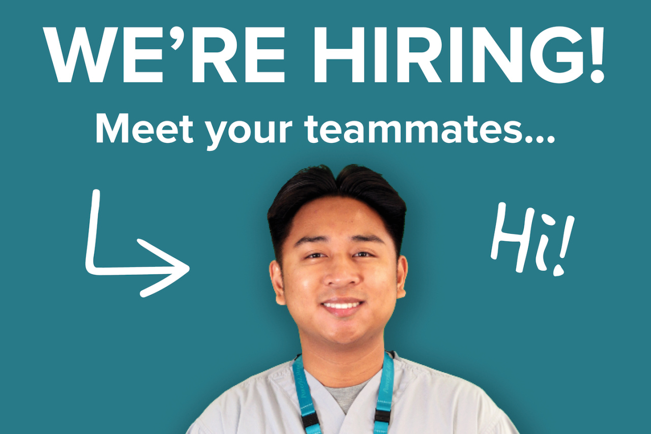A nurse in scrubs smiling in front of a teal background with the words We're Hiring above. 