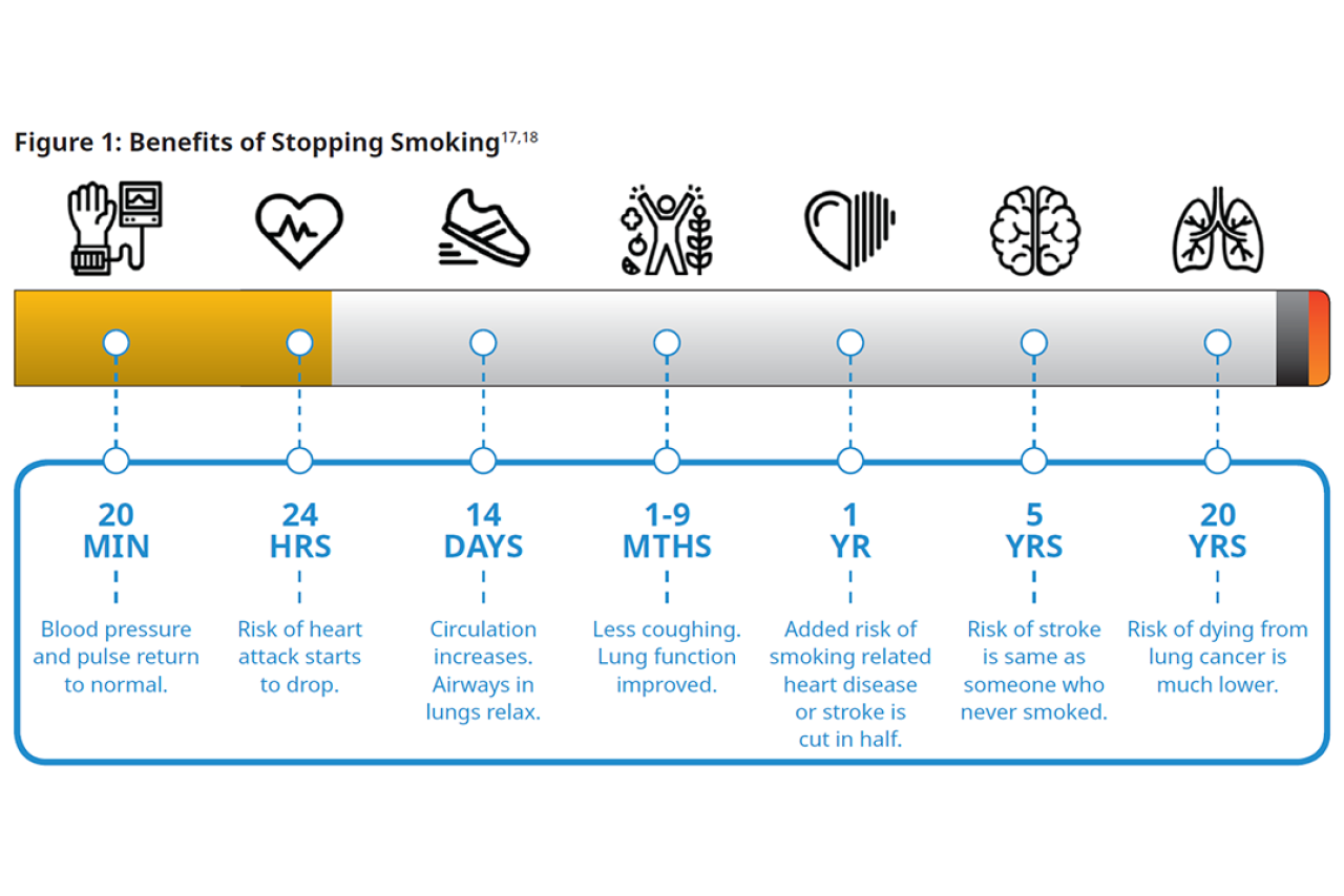 Graphic showing the benefits of smoking over time from 20 minutes to 20 years