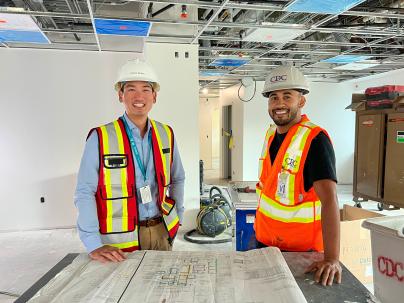 Steve and Yaser review floor plans for the Cancer Care Clinic at Richmond Hospital.