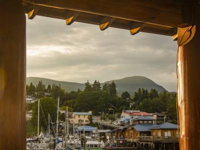Gibsons marina in golden light framed by the pier