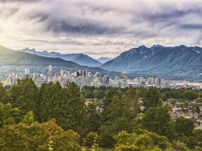 The vancouver skyline with the north shore mountains visible in the background