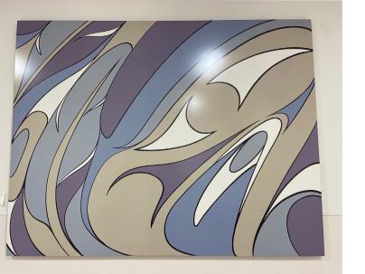 Indigenous painting on a wall in blues and grey