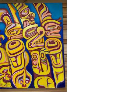 painting of indigenous artwork on a wooden wall