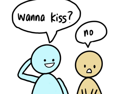 Graphic of two people, one asking "wanna kiss?" and another saying "no"