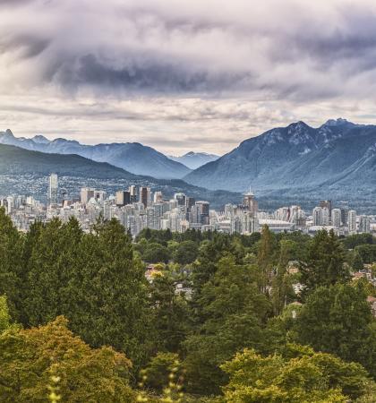 The vancouver skyline with the north shore mountains visible in the background