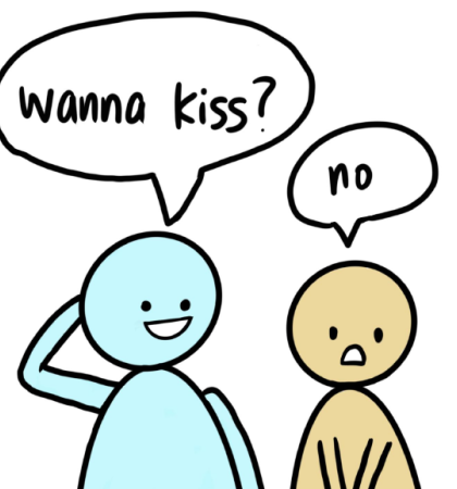 Graphic of two people, one asking "wanna kiss?" and another saying "no"
