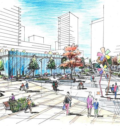 A hand-drawn archetecture drawing of the Pearson Plaza